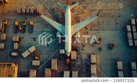 Aerial view of a cargo plane being loaded at the airport terminal, surrounded by containers, trucks, and cargo pallets. Aerial view of a cargo plane being loaded at the airport terminal, surrounded by containers, trucks, and cargo pallets. 126937329