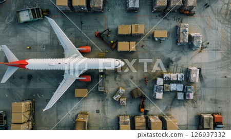 Aerial view of a cargo plane being loaded at the airport terminal, surrounded by containers, trucks, and cargo pallets. 126937332