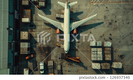 Aerial view of a cargo plane being loaded at the airport terminal, surrounded by containers, trucks, and cargo pallets. 126937340