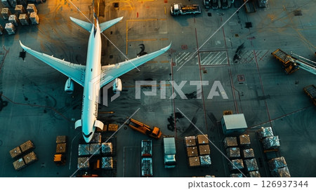 Aerial view of a cargo plane being loaded at the airport terminal, surrounded by containers, trucks, and cargo pallets. 126937344
