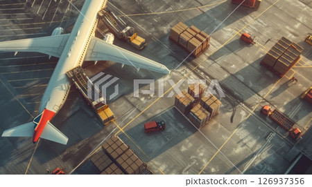 Aerial view of a cargo plane being loaded at the airport terminal, surrounded by containers, trucks, and cargo pallets. 126937356