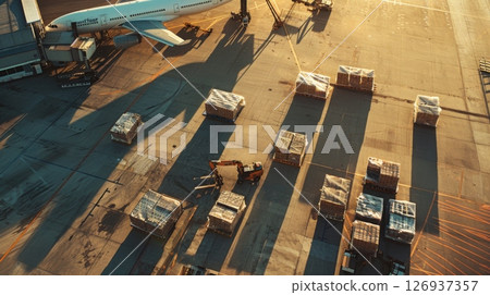 Aerial view of a cargo plane being loaded at the airport terminal, surrounded by containers, trucks, and cargo pallets. 126937357