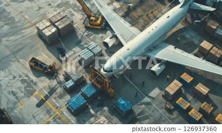 Aerial view of a cargo plane being loaded at the airport terminal, surrounded by containers, trucks, and cargo pallets. 126937360