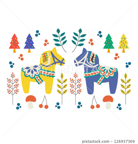 Dala horse and flowers vector illustration set 126937369