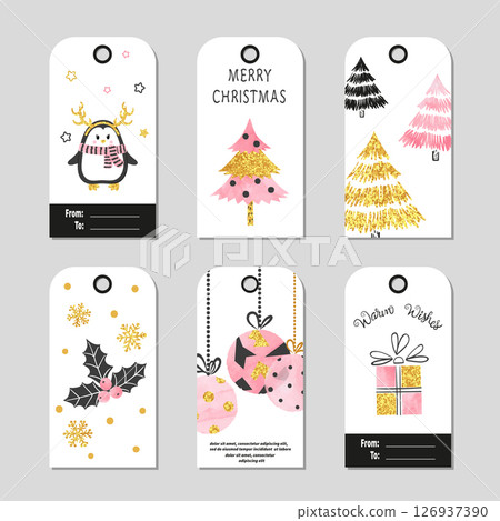 Christmas gift tags with cute Christmas trees and balls. Vector set of cards 126937390