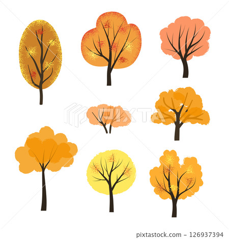 Set of abstract cartoon autumn trees. Vector hand drawn illustration Set of abstract cartoon autumn trees. Vector hand drawn illustration 126937394