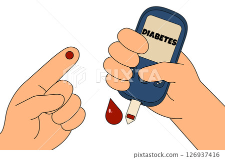 Pricked finger with a drop of blood for measuring glucose levels a glucometer. Cartoon scene of diabetes self-testing and glucose control. Concept of diabetes mellitus, chronic disease, healthcare. Pricked finger with a drop of blood for measuring glucose levels a glucometer. Cartoon scene of diabetes self-testing and glucose control. Concept of diabetes mellitus, chronic disease, healthcare. 126937416