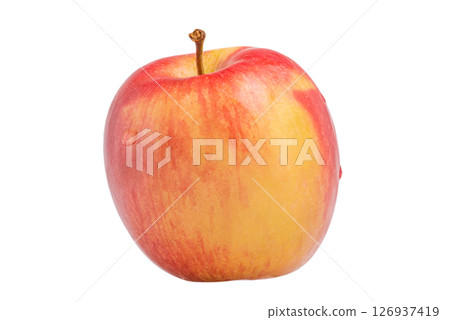 Red and yellow apple with a drop of water isolated on white. 126937419