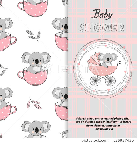 Baby shower girl card design. Cartoon koala bear in stroller 126937430