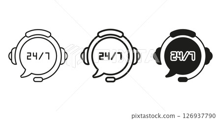 24 7 Customer Support Headset Icon Set. Round-The-Clock Service And Assistance Outline And Silhouette Symbol Collection. Call Center And Help Desk Availability. Isolated Vector Illustration 126937790