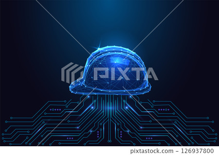 Smart industry, worker safety technology concept with glowing hard hat on circuit board background 126937800