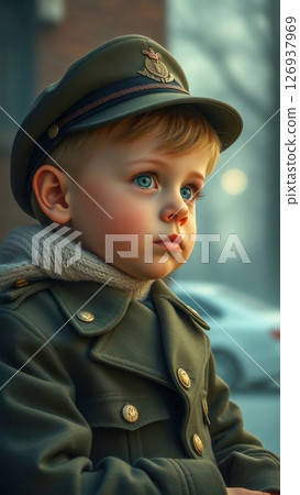 A boy in a soldier's uniform. Future defender of his fatherland. Character is evident from childhood. 126937969