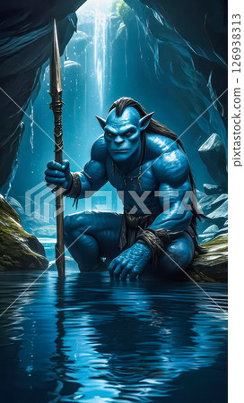 A warrior with a spear in a cave. A muscular blue elf with a warlike look. 126938313