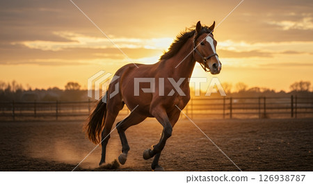 夕陽下奔騰的駿馬 126938787