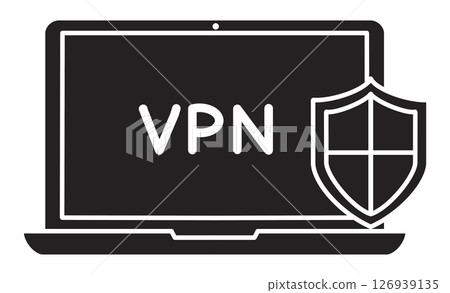 Illustration of a laptop and shield icon representing cyber security measures and VPN connection 126939135