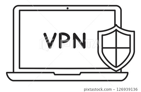 Illustration of a laptop and shield icon representing cyber security measures and VPN connection 126939136