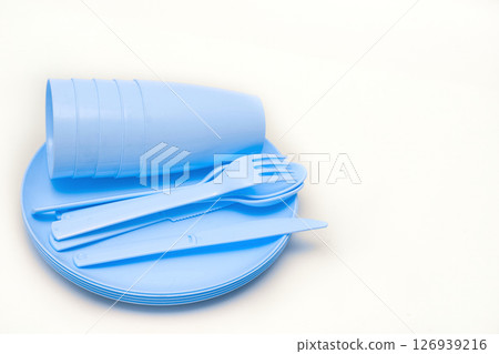 Blue plastic fork,cups,spoon,knife,plate for camping, isolated on white 126939216