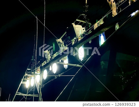 Bright fishing lights lit by squid fishing boats Bright fishing lights lit by squid fishing boats 126939323