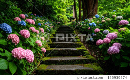 Japanese stone steps greeted by moss and hydrangeas 126939374