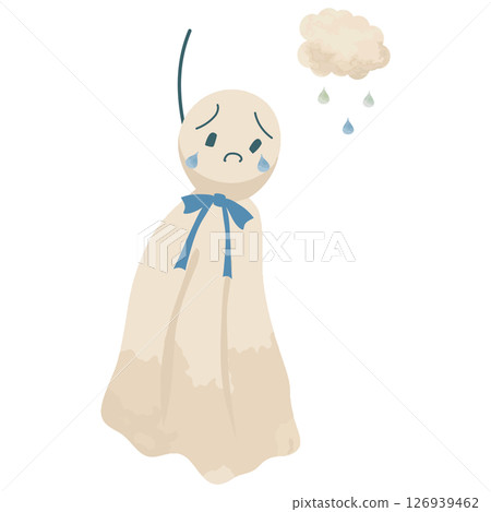 A cute crying Teru Teru Bouzu illustration in a picture book style A cute crying Teru Teru Bouzu illustration in a picture book style 126939462
