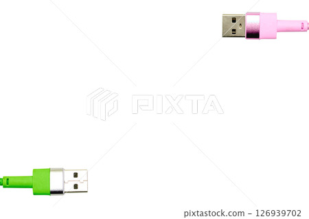 Green pink usb plug cables for connection on white 126939702