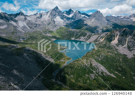 Aerial view of beautiful high altitude mountain and lake landscape 126940148