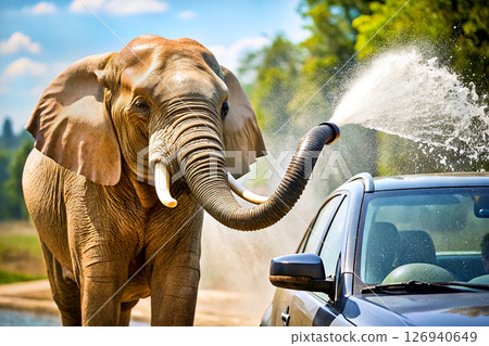 Funny cool elephant washes a car,pouring water  126940649