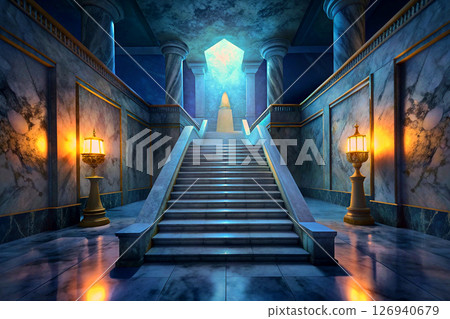 Stones marble evening staircase in mysterious rich medieval palace 126940679