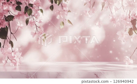 Delicate pink blossoms adorn a marble surface in soft light Delicate pink blossoms adorn a marble surface in soft light 126940942