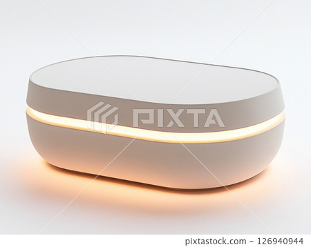 Sleek modern white and gray lamp emitting warm light 126940944