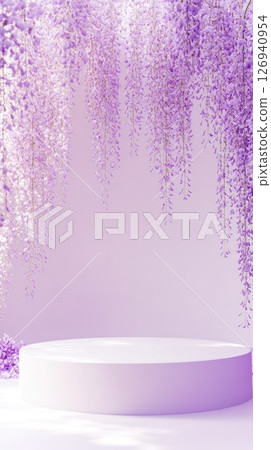 Podium encircled by wisteria blooms displayed in a tranquil ambiance 126940954