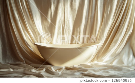 Elegant bathtub centerpiece displayed against draped cream colored fabric 126940955