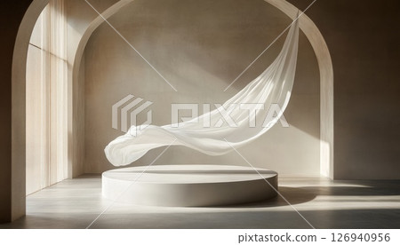 White fabric floating above circular platform in arched room 126940956