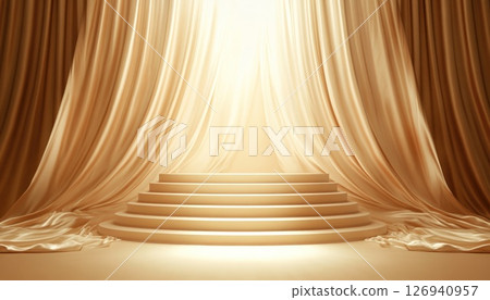 Golden steps beneath luxurious draped fabric lead to glowing light 126940957