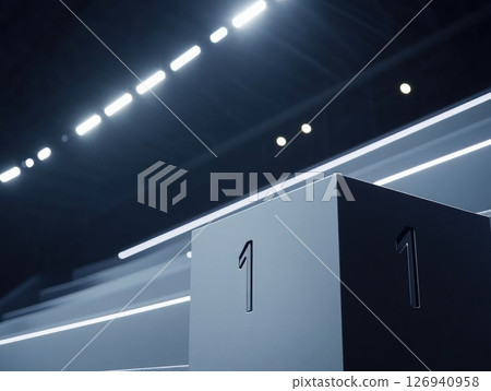 Podium for the first place winner under neon lights 126940958