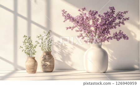 Three vases with flowers stand bathed in sunlight 126940959