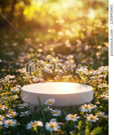 White podium surrounded by daisies under a bright golden light 126940965