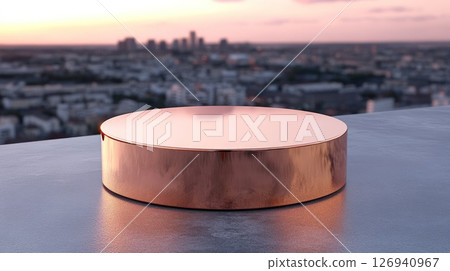 Copper colored product podium with cityscape at sunset background Copper colored product podium with cityscape at sunset background 126940967