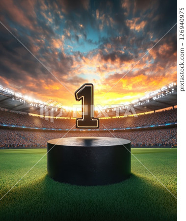 Floating number one over a winner podium in a stadium 126940975