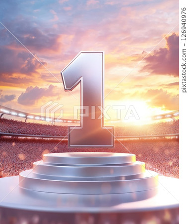 Silver number one sits on podium in stadium at sunset 126940976
