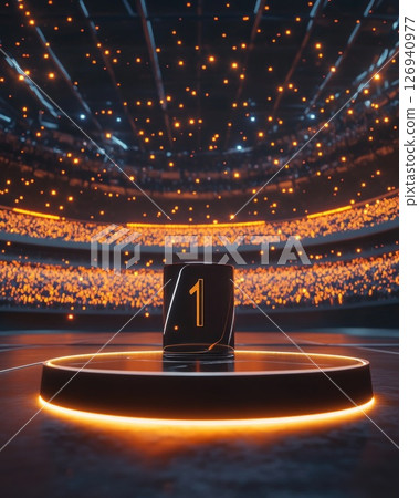 Number one podium with stadium lights and cheering spectators 126940977
