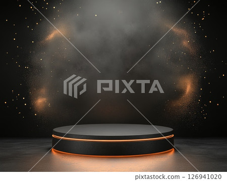 A dark circular platform surrounded by orange glitter dust 126941020