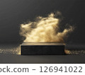 Black stone podium with golden dust explosion on background 126941022