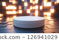 A minimalist white podium stands against a futuristic glowing background 126941029