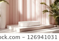 A bathtub sits on a platform against a textured background 126941031
