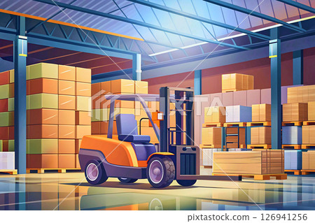 Orange forklift in warehouse of finished different goods and products 126941256