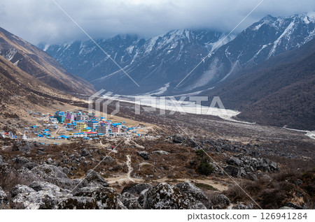 Beautiful view of Kyanjin Gompa the end of the Langtang Valley Trek in Nepal. 126941284