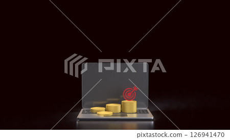 The Gold coins and red target on laptop for Business concept 3d Rendering. The Gold coins and red target on laptop for Business concept 3d Rendering. 126941470