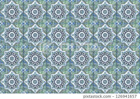 Colorful vintage ceramic tiles wall decoration.Turkish ceramic tiles wall background 126941657