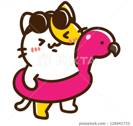 一個可愛的貓咪角色戴著火烈鳥游泳圈,在海裡享受游泳的變形插圖 一個可愛的貓咪角色戴著火烈鳥游泳圈,在海裡享受游泳的變形插圖 126941733